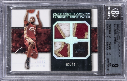 2003-04 UD "Exquisite Collection" Triple Patch #LJ LeBron James Game Used Patch Rookie Card (#02/10) – BGS MINT 9